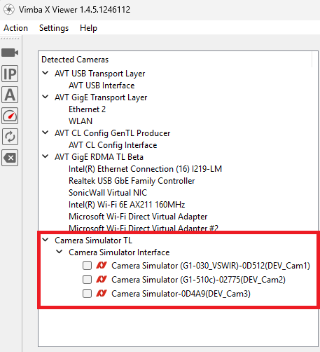 Simulated cameras in Vimba X Viewer